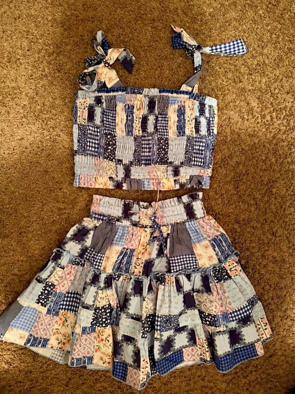 Pink Lily - Patchwork Crop Top & Skirt Set in Blue & Brown Like New